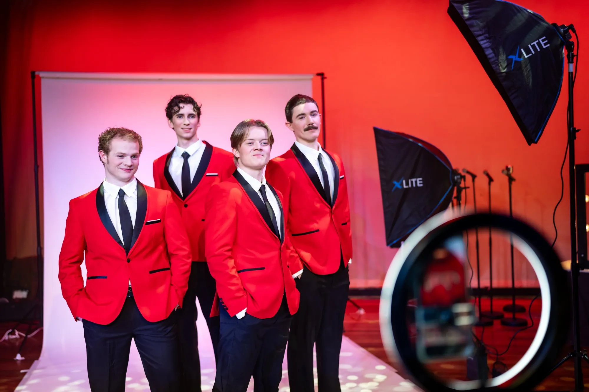 The Four Seasons in their red blazers — Jersey Boys promo shoot